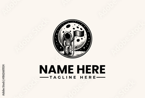 A grayscale logo illustration of a spacecraft landing on the moon with a placeholder name and tagline on a clean white background.