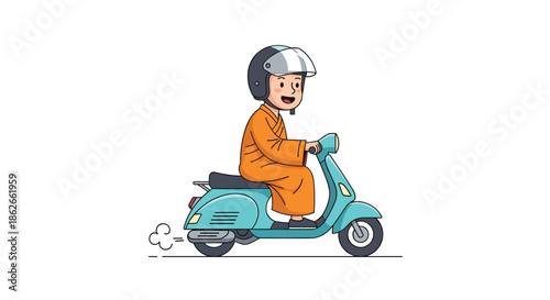Cheerful cartoon Buddhist monk in traditional orange robes wearing a helmet and happily riding a modern blue scooter for transport.