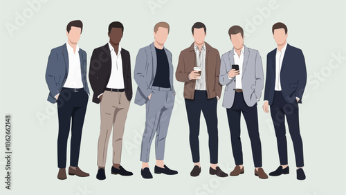 Diverse group of stylish men in smart casual attire.