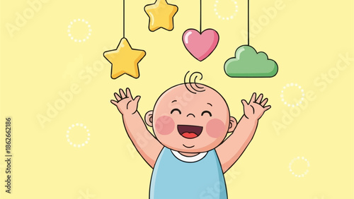 Happy Baby Reaching for Hanging Mobile Toys Illustration.