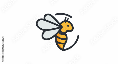 Cartoon bee illustration with wings and stripes flying around in a circle.