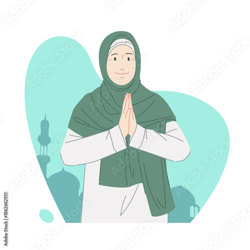 Muslimah gives salam, with a mosque in the background and a calm, pastel green atmosphere.
