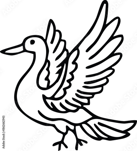 Black and white line drawing of a crane with spread wings symbolizing blessings for Lunar New Year