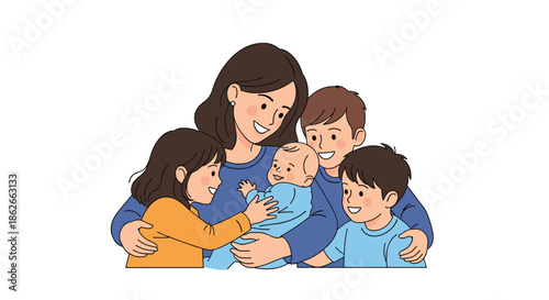 A loving mother surrounded by her four happy children, holding a baby while the older siblings gather closely in a warm family hug.