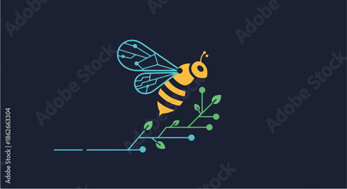 Stylized cybernetic bee with circuit wings on a digital plant.