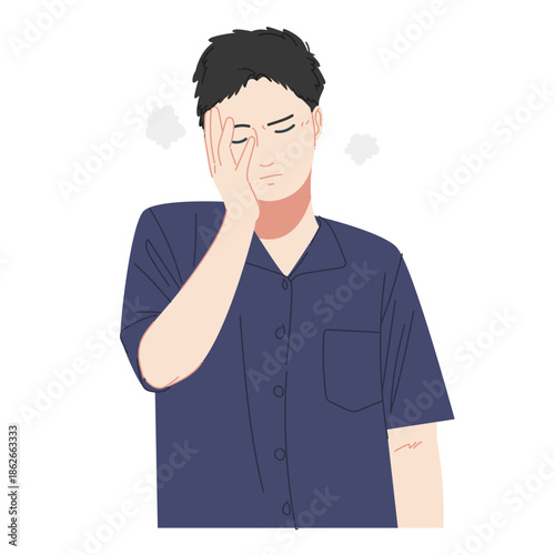 A man in a navy blue shirt who feels tired and sleepy due to high work intensity.