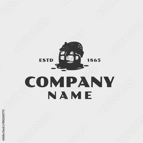 Vintage bear on wooden barrel mascot logo vector illustration