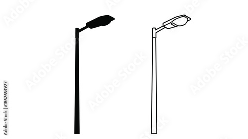Two modern street lamp designs in a striking black and white silhouette