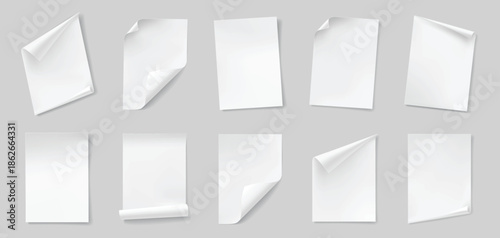 Collection of blank white paper sheets with curled corners and shadows.