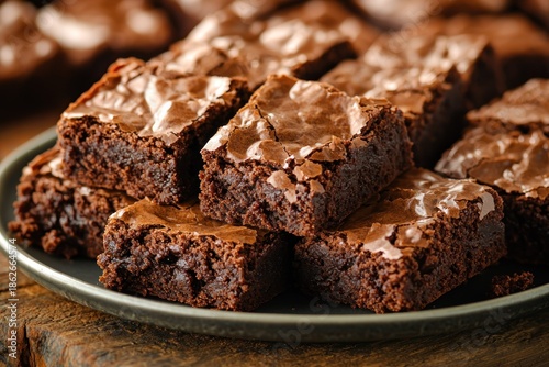 Close-up of a plate piled high with rich, fudgy brownies with a crinkled top