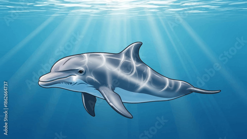 Oceanic Grace: A solitary dolphin gracefully glides through the shimmering depths of the ocean, embraced by the filtered sunlight. This image captures the beauty and tranquility of marine life.
