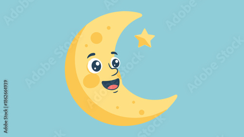 Cartoon Moon Character with Starry Friend on Blue Background.