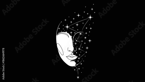 Celestial Face A Minimalist Line Art Portrait with Starry Constellation.
