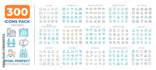 Smart city two color line icons set collection. Urban management strategy. Innovative solutions for town areas bicolor outline mega pack isolated, pixel perfect. Duotone thin lineart. Editable stroke