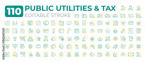 Public utilities and tax two color line icons set. Financial system. Significant source of funding for government services bicolor outline mega pack isolated. Duotone thin lineart. Editable stroke