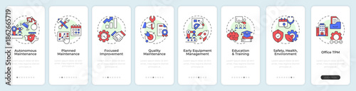 Pillars of tpm onboarding mobile app screen. Production management. Walkthrough 8 steps editable graphic instructions with linear concepts. UI, UX, GUI. Montserrat SemiBold, Regular fonts used