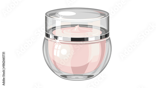 Glass jar with a transparent lid containing pink cosmetic cream for skin hydration and moisturizing beauty treatments.