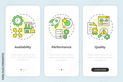 Overall equipment effectiveness onboarding mobile app screen. Walkthrough 3 steps editable graphic instructions with linear concepts. UI, UX, GUI. Montserrat SemiBold, Regular fonts used
