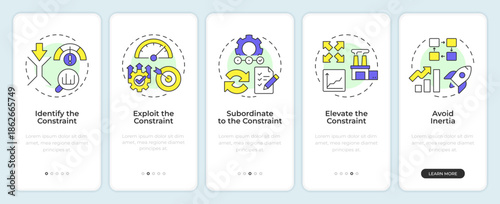Theory of constraints onboarding mobile app screen. Manufacturing control. Walkthrough 5 steps editable graphic instructions with linear concepts. UI, UX, GUI. Montserrat SemiBold, Regular fonts used