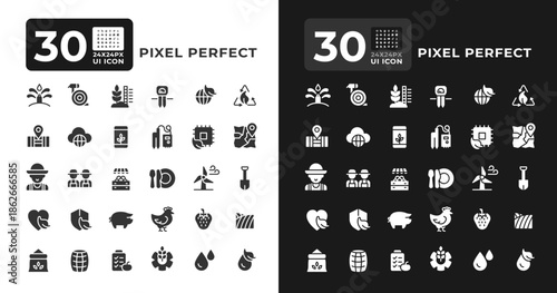 Farming glyph ui icons set for day and night mode. Livestock production, environment preservation. Black solid symbols vector iconset. User interface elements collection, pixel perfect