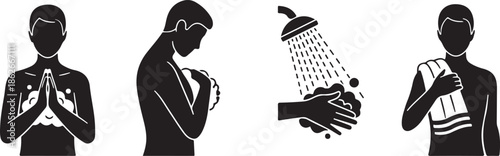 Illustrations depicting the steps of showering and drying off