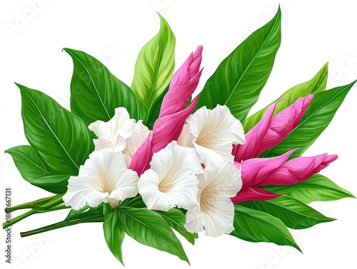 Digital illustration of tropical flowers, including white blooms and pink ginger flowers with bright green leaves