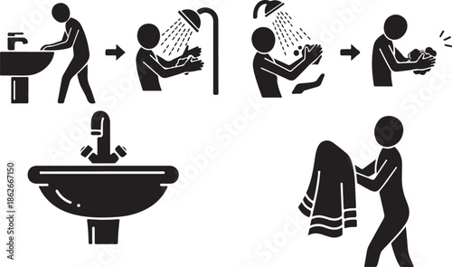 Pictograms showing the steps of showering and drying off