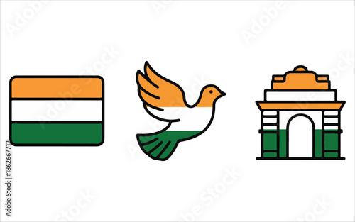 India Patriotic Icon Set with Tricolor National Flag, Peace Dove, and India Gate for Independence Day and Republic Day Concept
