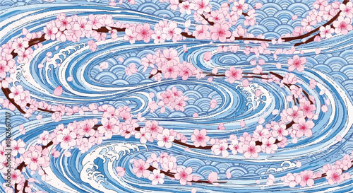 Japanese Style Waves with Pink Cherry Blossoms, Traditional Oriental Floral Pattern Background