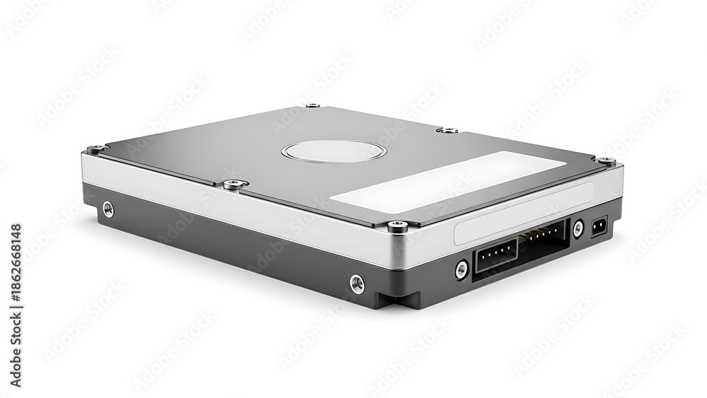 Obraz premium sleek modern external hard drive isolated on white background, compact data storage device for backup, digital security, technology workflows, professional computing, and portable memory solutions