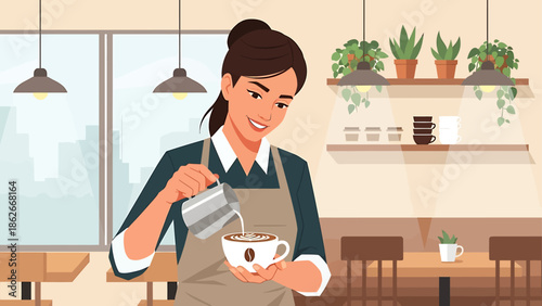 Smiling female barista crafting a delicious latte with expert precision, pouring fresh milk to create beautiful art in a bustling cafe, highlighting quality service