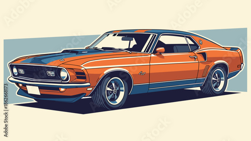 Classic Orange and Blue 1969 Ford Mustang Mach 1 Illustration.