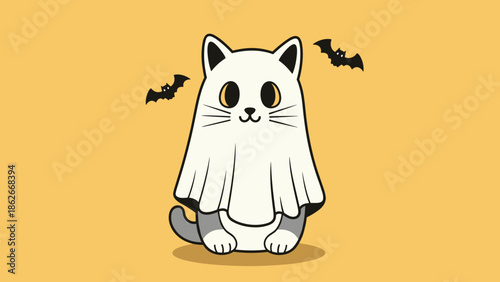 Cute Cat Ghost Halloween Cartoon Illustration with Bats.