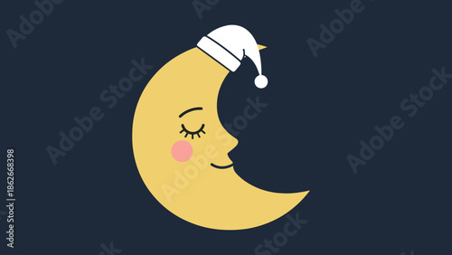 Cute Crescent Moon Character Wearing a Nightcap Ready for Sleep.