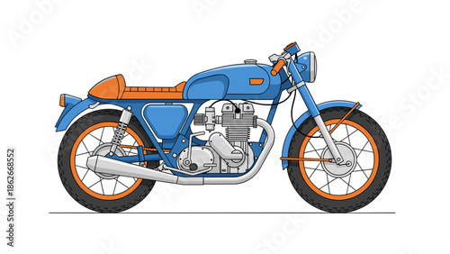 Detailed Illustration of a Classic Blue Cafe Racer Motorcycle.