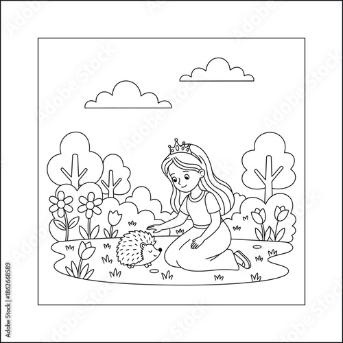 Princess line art vector coloring page for kids and adults. Bold and Easy Princess Coloring Page - Cozy Moment Fairytale Vector

