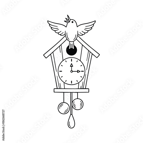 A classic cuckoo clock with an emerging bird depicted in a simple black outline illustration.