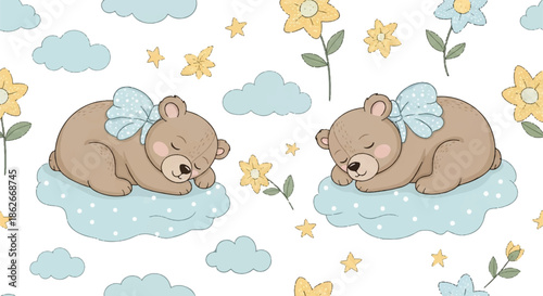 Cute Baby Bears Sleeping on Soft Blue Clouds with Stars and Flowers Nursery Seamless Pattern Background