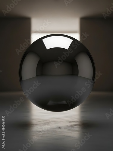 Suspended chrome sphere reflecting architectural space, abstract design