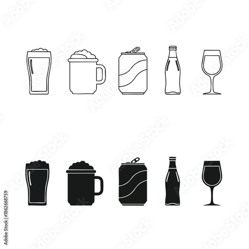 A collection of alcoholic beverage icons featuring beer and wine in outline and solid silhouette styles.