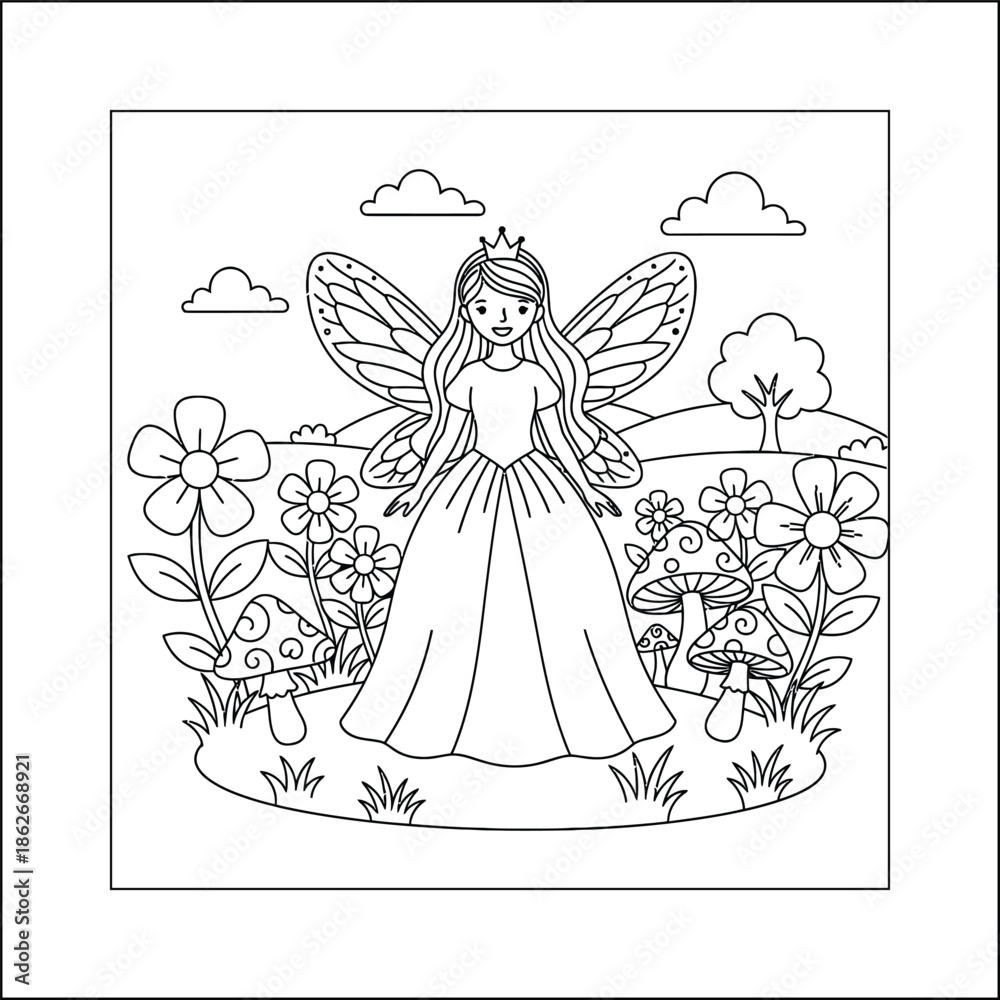 Fototapeta premium Princess line art vector coloring page for kids and adults. Bold and Easy Princess Coloring Page - Cozy Moment Fairytale Vector