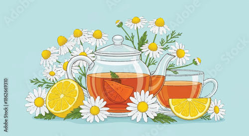 Glass Teapot Infused with Fruit Tea, Sliced Lemons, Strawberries and White Chamomile Flowers Arrangement