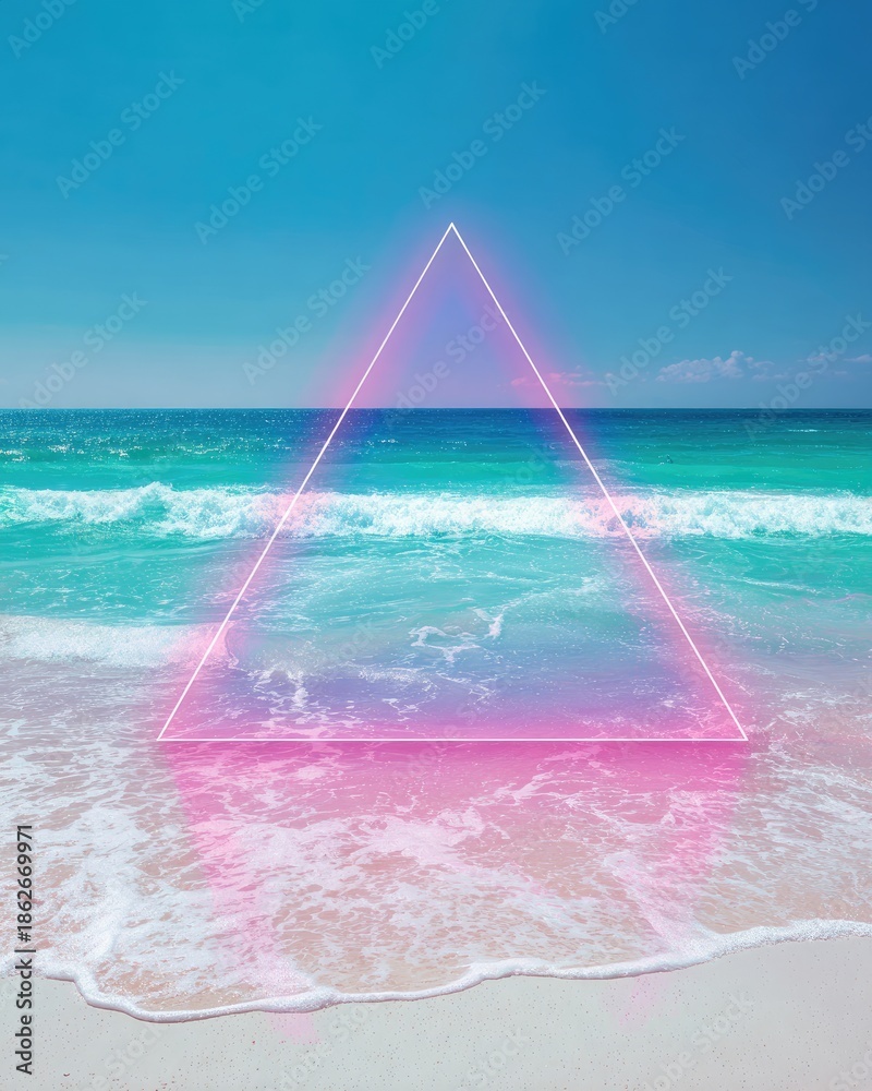 Fototapeta premium Beach scene with a vibrant pink triangle graphic