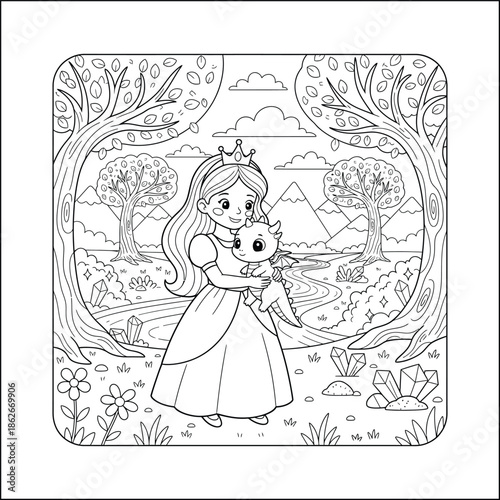 Princess line art vector coloring page for kids and adults. Bold and Easy Princess Coloring Page - Cozy Moment Fairytale Vector

