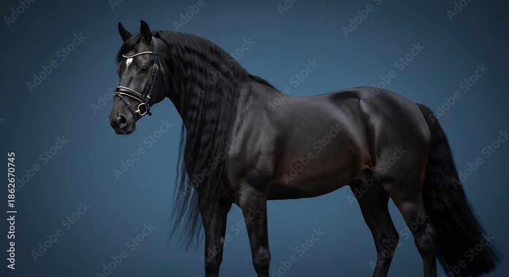 Naklejka premium Majestic black friesian horse with glossy dark coat and flowing mane