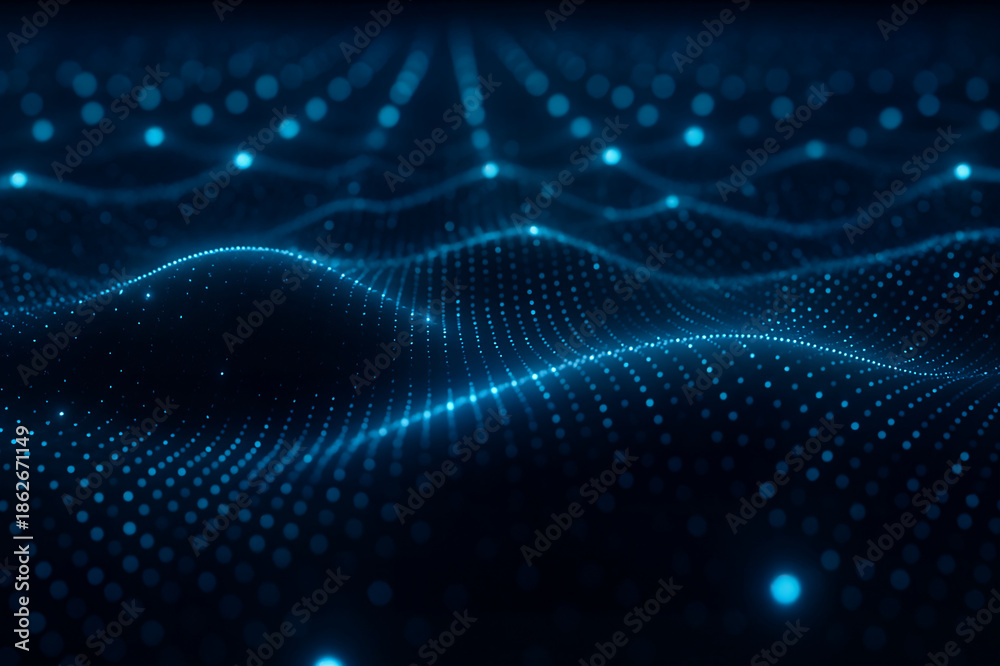 Naklejka premium Abstract blue digital wave landscape formed by glowing data points and smooth depth layers, designed as a wide web background for technology, AI, and data-driven concepts. 