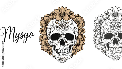 Detailed Skull Surrounded by Flowers A Symbolic Representation of Life and Death.