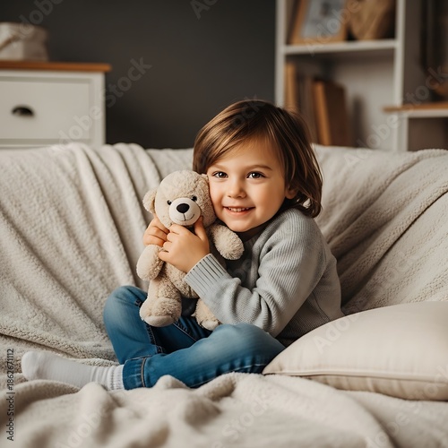 Young child happily embraces a fluffy stuffed animal while sitting comfortably indoors