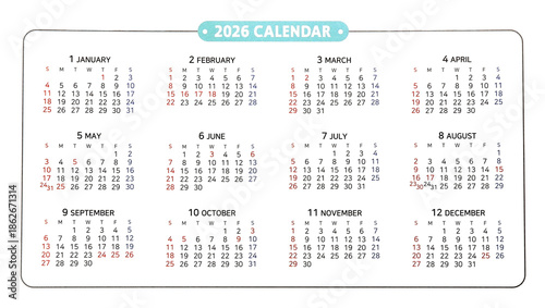 2026 calendar, 2026 desk calendar on white background, 12 month desk calendar, new plan for 2026.