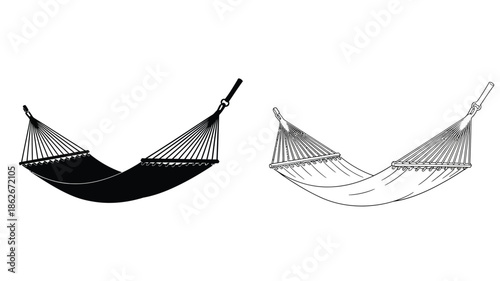Two hammock depictions one solid black and one line art a striking silhouette